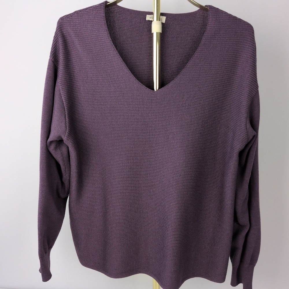 Ella Moss Women XL Kaylan V-Neck Sweater Purple Ribbed Knit Relaxed Fit Pullover